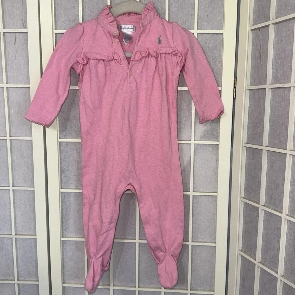 Ralph Lauren Baby Girl Pink Ruffle Collar Footed Pajama Outfit Cotton Sleeper 9M